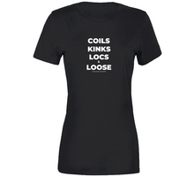 Load image into Gallery viewer, Coils Kinks Locs + Loose Gold Glitter Ladies T Shirt
