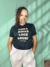 Load image into Gallery viewer, Coils Kinks Locs + Loose Gold Glitter Ladies T Shirt
